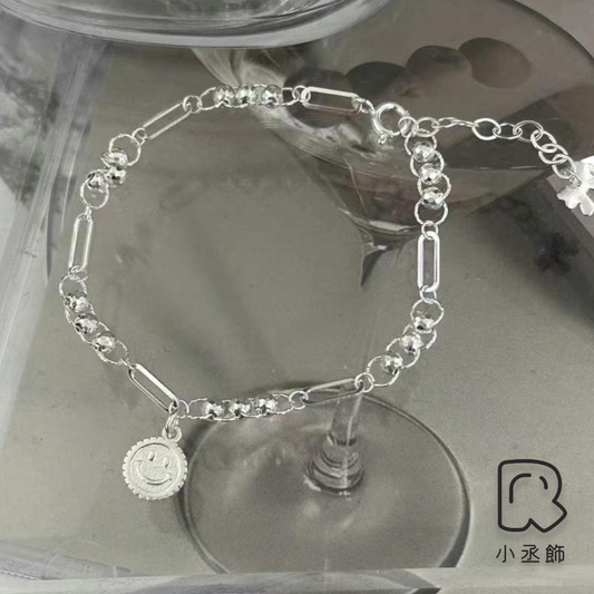 小丞飾-正韓製造空運 通體全純銀 好特別的鏈條微笑圓珠長方橢圓圈珠珠手鍊 ,尾牌是蝴蝶結🎀16+3 公分$790  #150