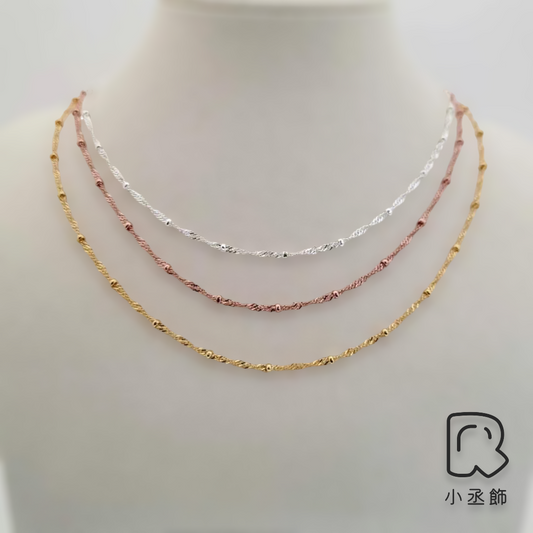 小丞飾 #136 正韓製造 通體S925 特殊耐看扭紋珠珠意大利鍊條項鍊 38+7公分 金/粉 兩色