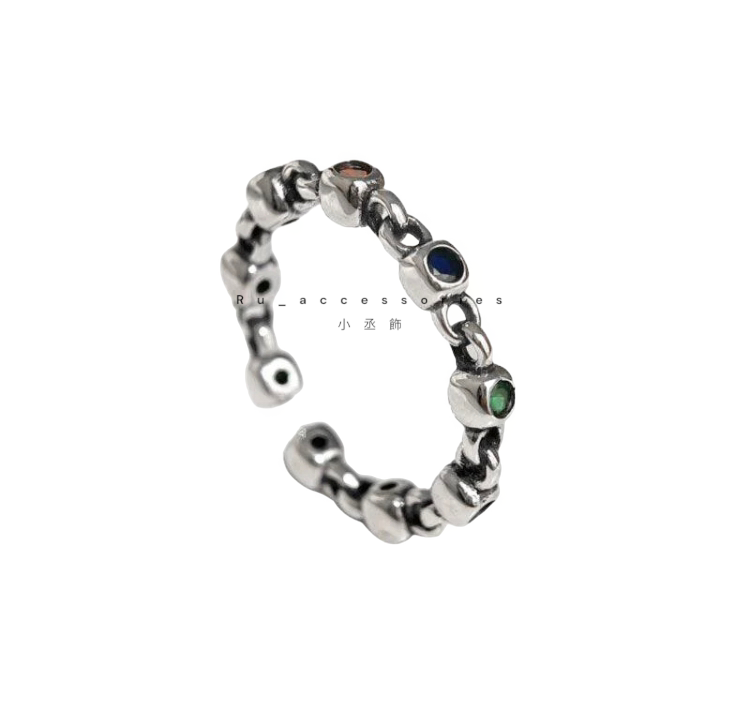 紅撞綠-豆豆相間開口戒 可愛格子低調彩鑽開口戒 #407