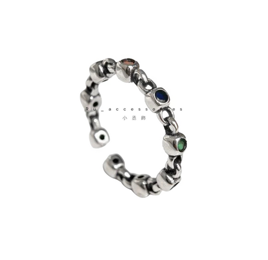 紅撞綠-豆豆相間開口戒 可愛格子低調彩鑽開口戒 #407