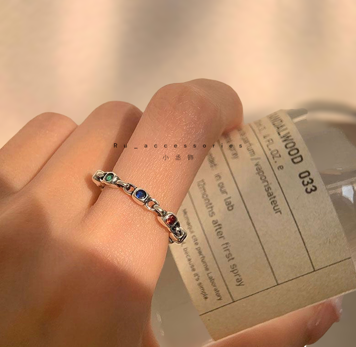 紅撞綠-豆豆相間開口戒 可愛格子低調彩鑽開口戒 #407