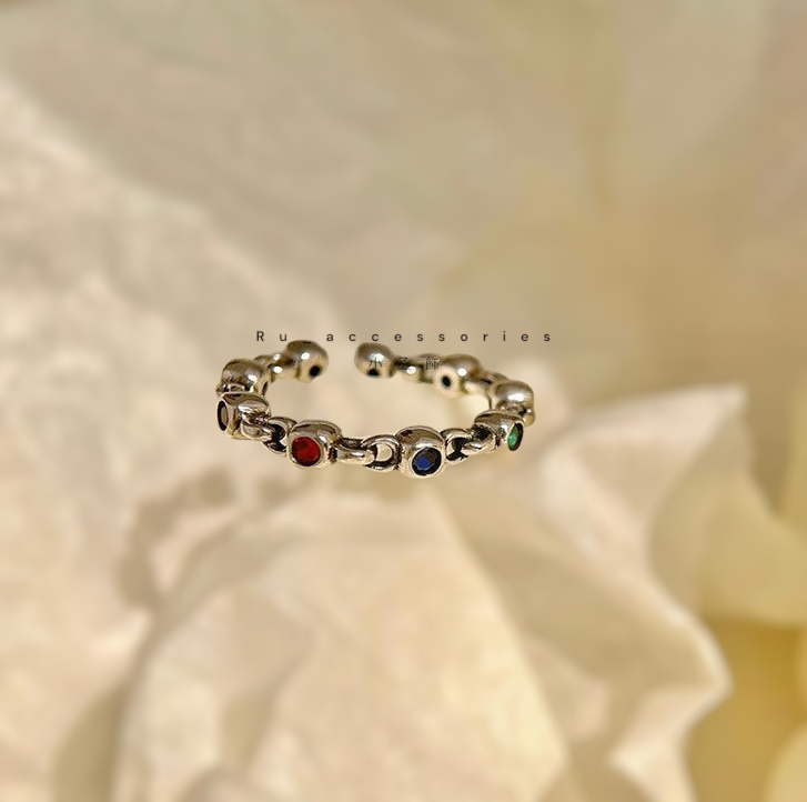 紅撞綠-豆豆相間開口戒 可愛格子低調彩鑽開口戒 #407