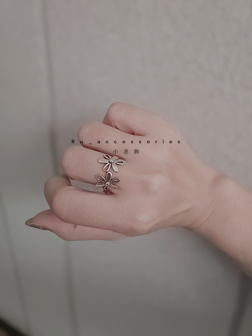 雙辦小花前開口戒 #356