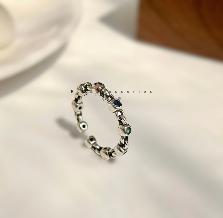 紅撞綠-豆豆相間開口戒 可愛格子低調彩鑽開口戒 #407