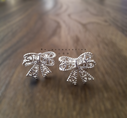 小丞飾 蕾絲蝴蝶結轉珠耳環 珠珠3mm 耳針7mm #116