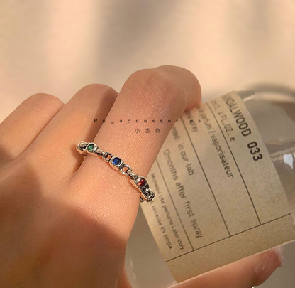 紅撞綠-豆豆相間開口戒 可愛格子低調彩鑽開口戒 #407